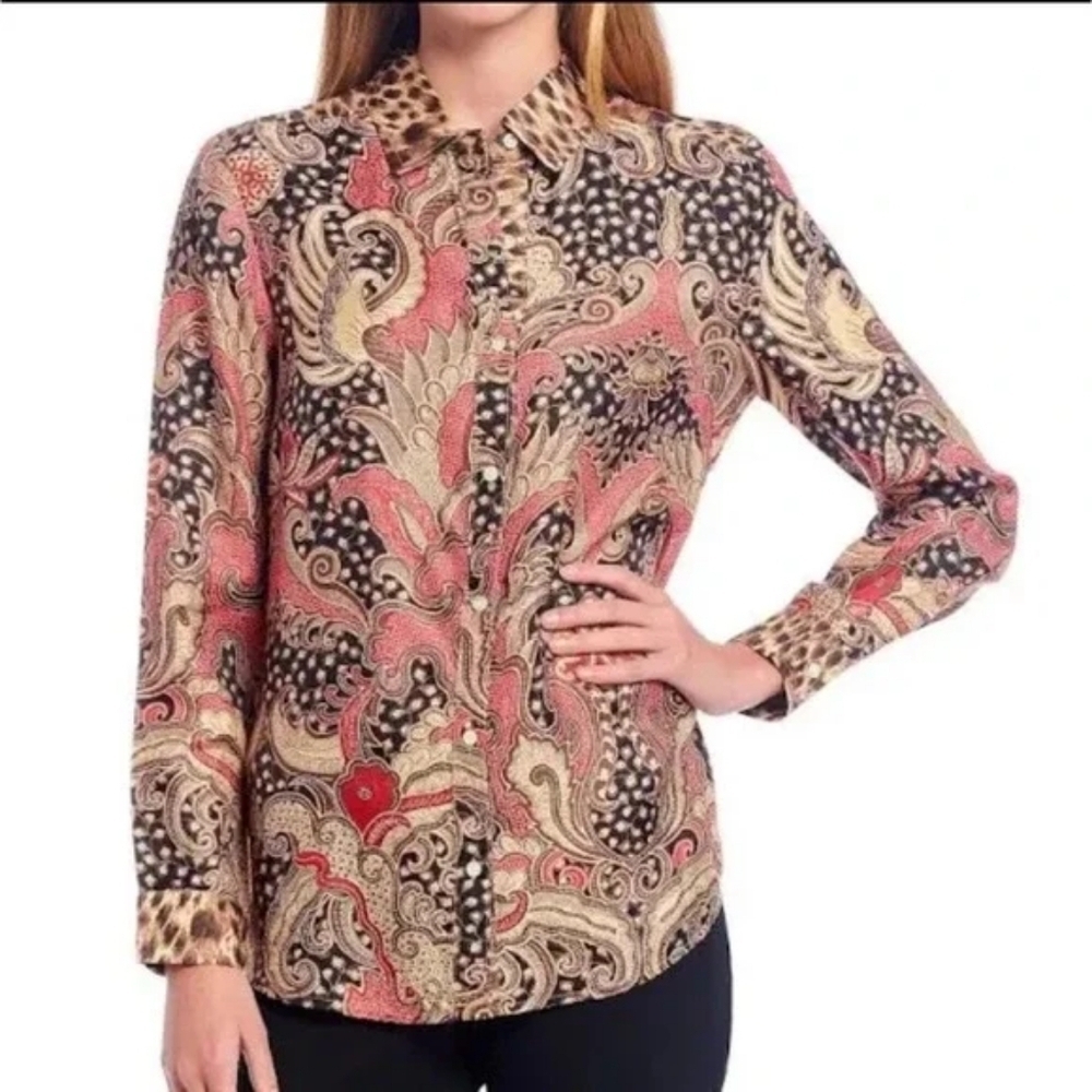 J. McLaughlin Darcey Silk Blend Shirt in Ashler Safari Black Size Medium